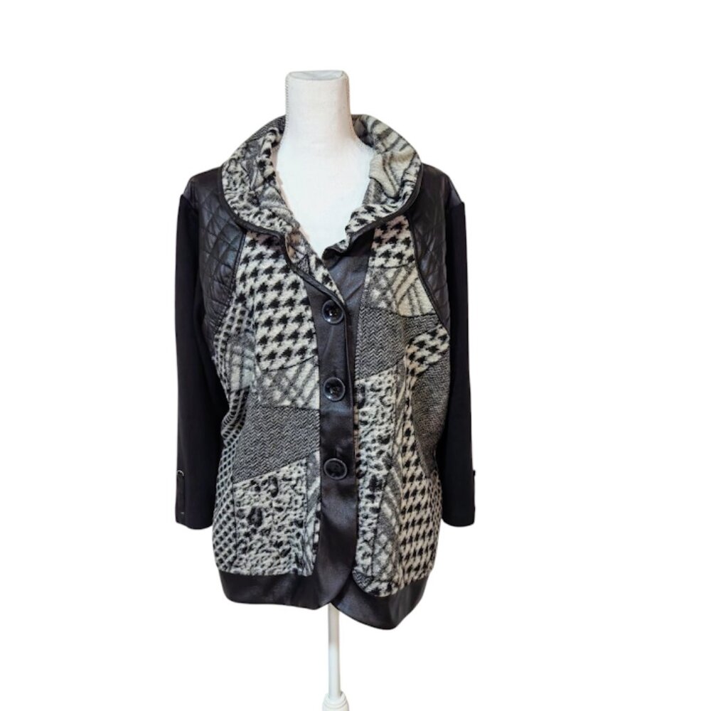 Ali Miles Mixed Media Knit Jacket Women Size XL Black Shaw Collar Preppy Classic